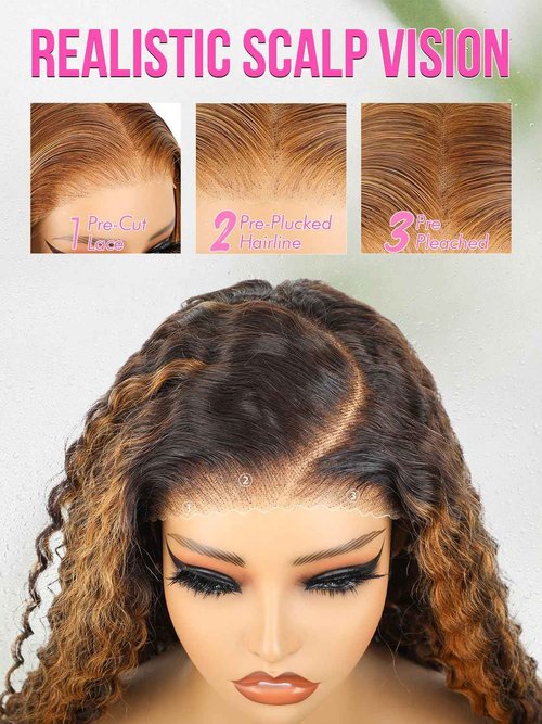 Highlight Blonde Wear and Go Glueless Wigs Human Hair Pre Plucked Pre Cut, 5x7 OQ Hair Glueless Wigs 4/27 Water Wave Short Curly Bob Wig Human Hair for Women 4/27 Color 16Inch