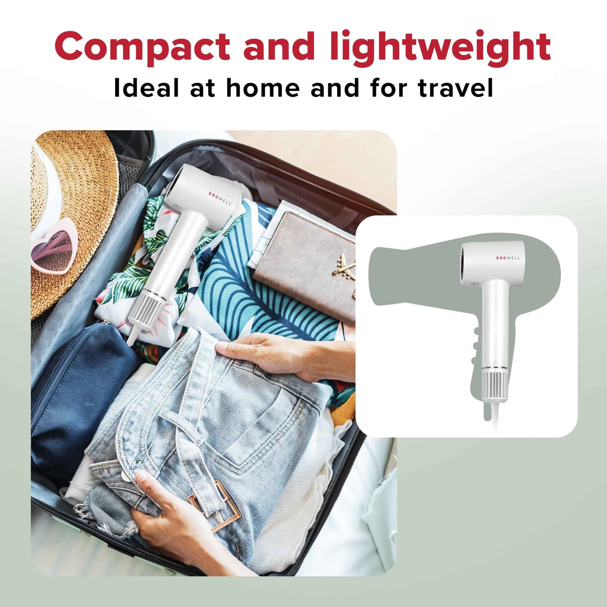 Growell Ionic Hair Dryer with Diffuser for Curly Hair, Wavy Professional High-Speed Brushless Blow Dryer for Fast Dry, Low Noise, Lightweight, Compact Hair-Dryer Travel