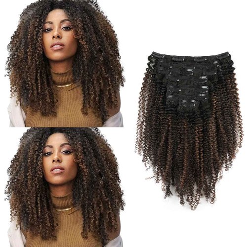 Sassina Afro Curly Clip ins Hair Extensions Two Tone Real Hair Extensions Clip in Human Hair Natural Black to Chocolate Brown Double Weft Clip in Hair Extensions 20 Inch 7 Pcs with 17 Clips 120 Grams…