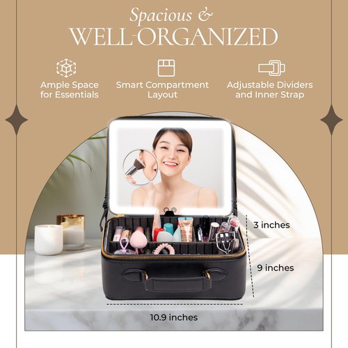 BAREZ Premium PU Leather Makeup Bag With LED Mirror - 3 Brightness Mirror Light Settings - Adjustable Dividers - Removable Mirror Waterproof Cosmetic Travel Bag (Black)