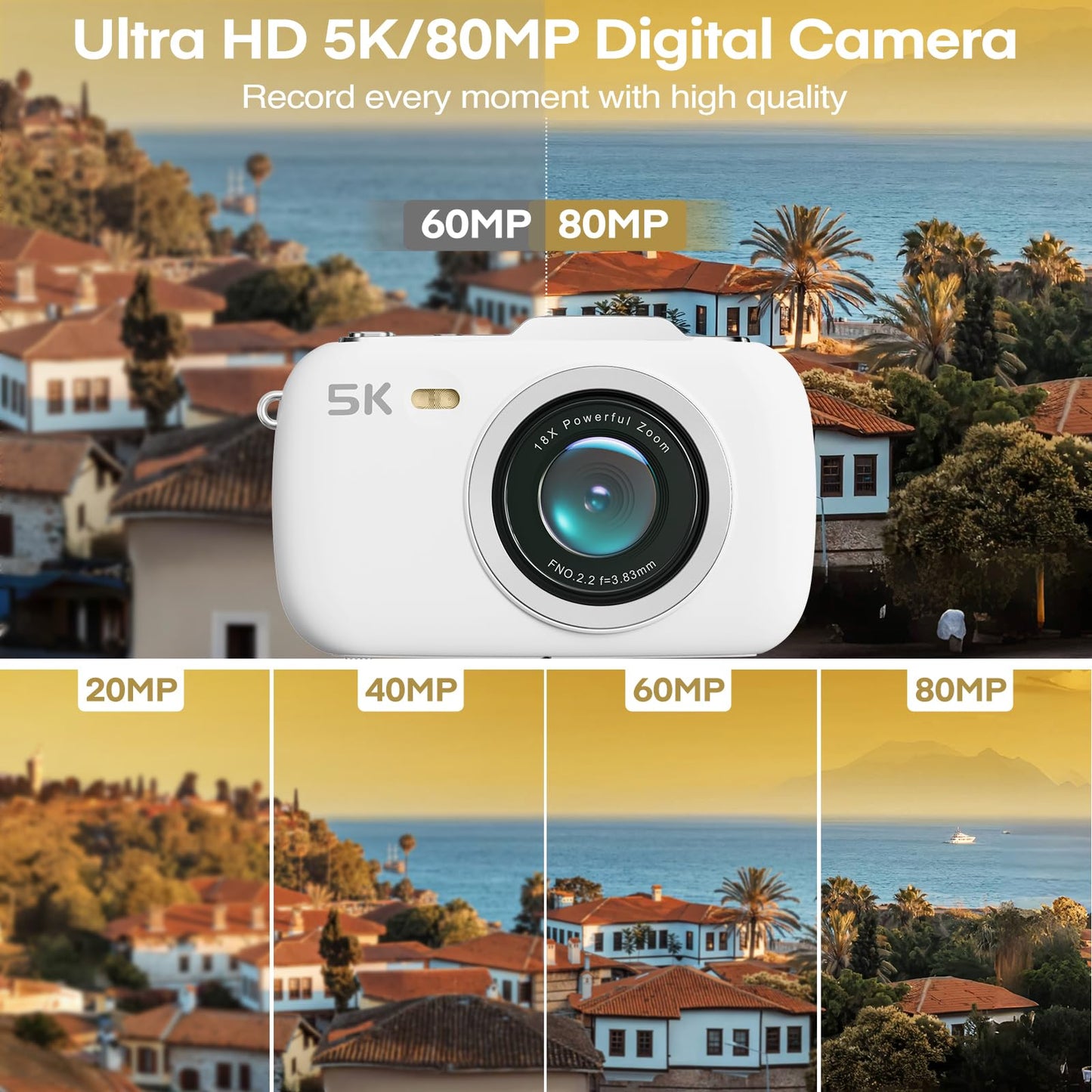 5K Vlogging Camera,80MP UHD Portable Digital Cameras for Vlogging,18X Zoom Travel Point and Shoot Camera with 32GB TF Card,Photography Cameras for Beginners Teen - White