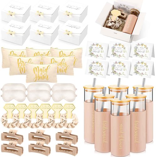 Tioncy 42 Pcs Bridesmaid Proposal Gifts Bridal Shower Wedding Gift Box Makeup Bags Invited Cards Tumblers with Lids and Straw Scrunchies Eye Mask Hair Clips for Maid of Honor(Champagne)