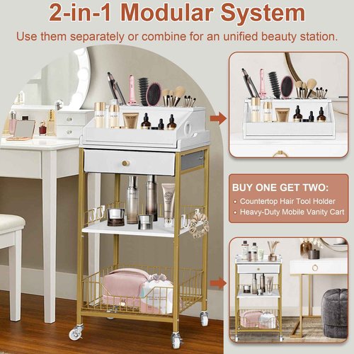 NauwaBarn Makeup Organizer Cart with Drawer, 2-in-1 Rolling Organizer Cart with Hair Tool Holder, Vanity Storage for Skincare, Perfume, Nail Polish, Cosmetics, Gold Finish