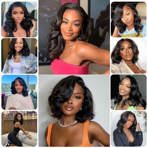 Wear and Go Glueless Wigs Human Hair Pre Plucked Pre Cut Body Wave Bob Wig for Black Women 4x4 Lace Closure Glueless Wigs Black Wig Bleached Knots 180% Density 12 Inch