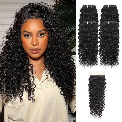 JTdebade 12 Inch Kinky Curly Human Hair Bundles Brazilian Virgin Human Hair 4 Bundles Natural Black Color 100% Unprocessed Curly Wave Human Hair Extensions(14 Inch curly *4+16 Inch Closure)