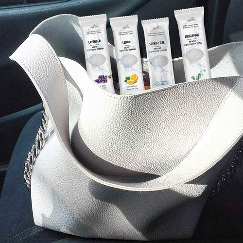 FabbPro Oshibori Moist Terry Cotton Refreshment Towels (100 Pack,8x8 Inches)-White Scented Pre-moistened Essential Oil Infused Towel to Use Hot or Cold – Unscented, Lavender, Lemon & Eucalyptus Scents