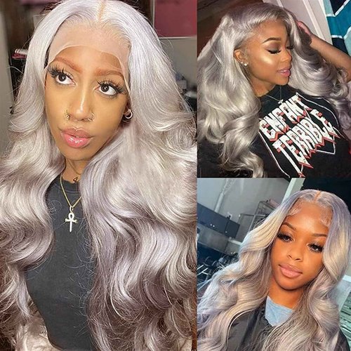 SISHAIRRO Grey Lace Front Wigs Human Hair Pre Plucked with Natural Hairline 13x6 Glueless Wigs Human Hair 180 Density Highlight Body Wave Lace Frontal Wig 26 Inch