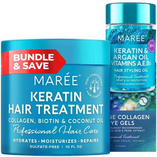 MAREE Bundle - Deep Hair Mask & Conditioner, Hair Styling Serum, Under Eye Gels - Coconut Oil & Keratin - Marine Collagen & Hyaluronic Acid - Moisturizing Conditioner - Anti Frizz - Anti-Aging Mask