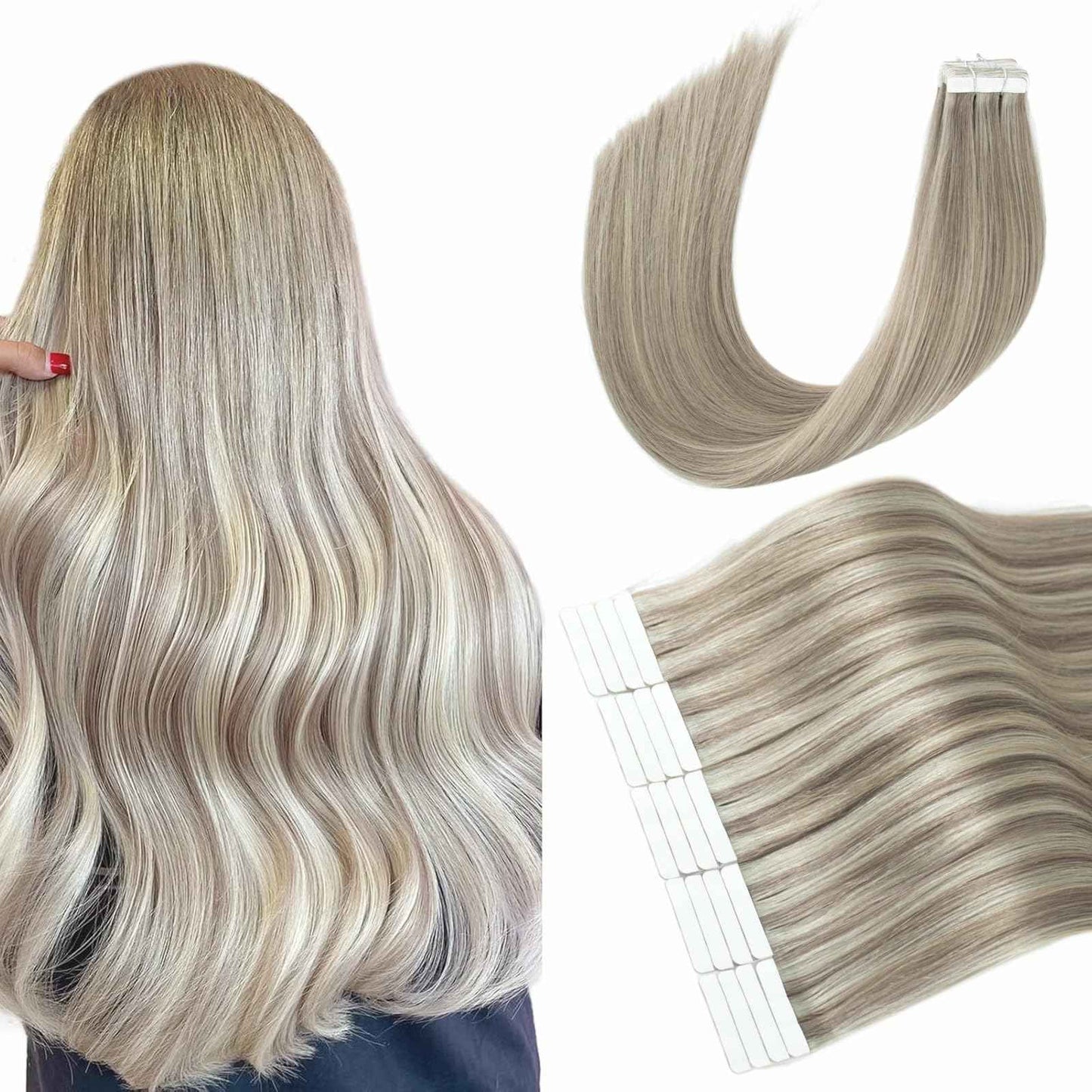 Hyssiet Tape in Hair Extensions Human Hair, 20pcs 50g 14 Inch Ash Blonde Highlighted Bleach Blonde Human Hair Tape in Extensions, Invisible Silky Straight Tape in Hair,Natural Thick Real Human Hair