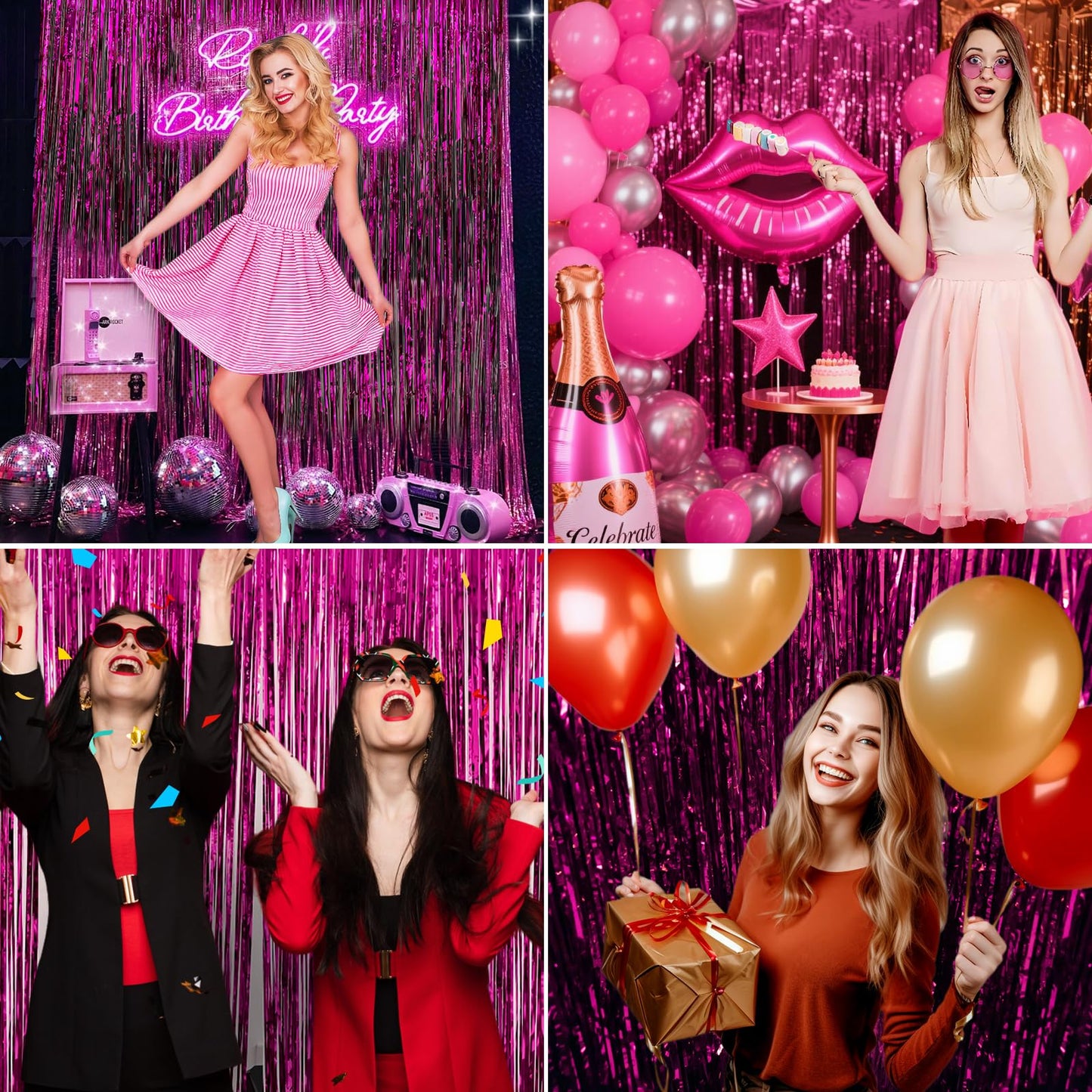 2 Pack Hot Pink Backdrop Party Decorations Tinsel Foil Fringe Curtain Backdrop Streamer Photo Booth for Wonmen Girl Pink Theme Princess Bachelorette Graduation Birthday Party Decorations