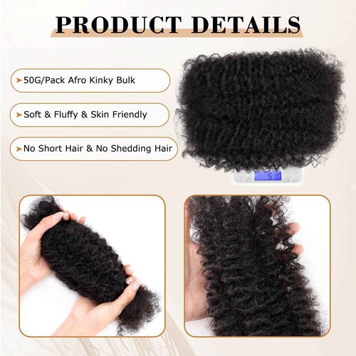 Afro Kinky Bulk Human Hair 10 Inches – 3 Bundles, Natural Curly Texture, Ideal for Braids, Twists, Crochet, and Protective Styles