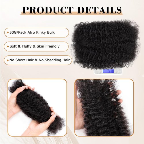 Afro Kinky Bulk Human Hair 14 Inch 30g/Pack 3 Packs for Dreadlock Extensions, Braiding, Twist – Kinky Curly Bulk Human Hair for Loc Repair, Natural Afro Texture Hair for Black Women & Men