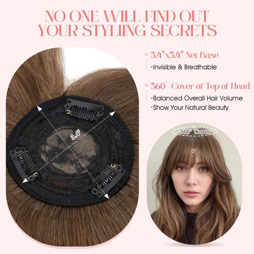 Hairro Mono Hair Toppers with Bangs, 3.4" x 3.4" Mono Base 100% Real Human Hairpieces for Women, 150% Density Clips In Topper for Greyish Thinning Hair, 14 Inch Medium Brown