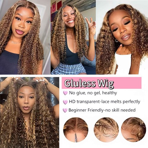 Wighottie Wear and Go Glueless Highlight Ombre 4/27 Human Hair Wigs Deep Wave Curly Wet and Wavy Lace Front Pre Plucked Pre Cut 5x5 HD Lace Closure Wigs for Black Women （4/27 24 Inch）