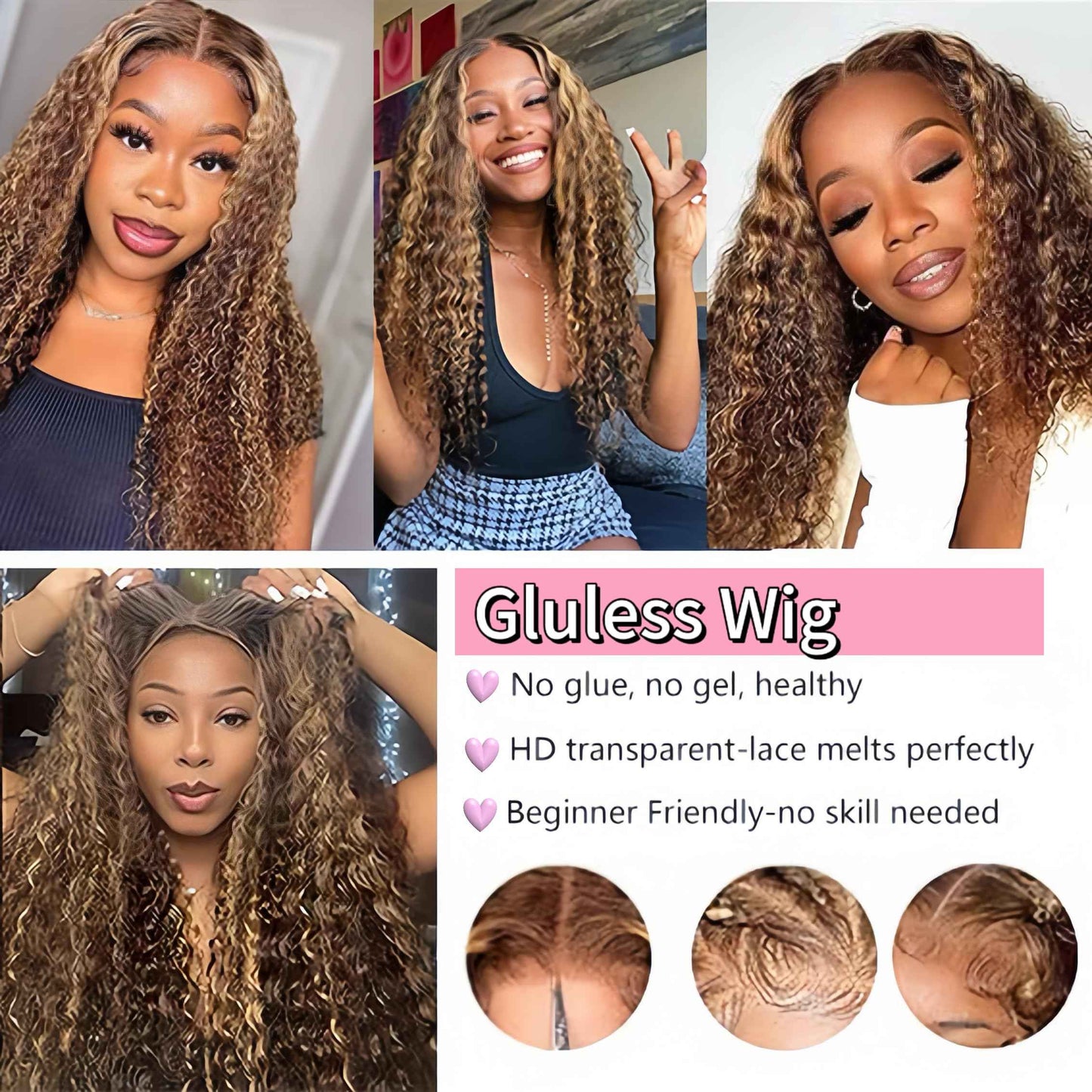 Highlight Ombre 4/27 Human Hair Wear and Go Glueless Wigs Deep Wave Curly Wet and Wavy Lace Front Pre Plucked Pre Cut 5x5 HD Lace Closure Wigs for Black Women (highlight ombre 4/27, 22 Inch)
