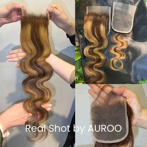 AUROO Highlight Body Wave Closure Honey Blonde Ombre 4x4 Closure Human Hair 18 inch, Transparent Lace Closure Frontal Pre Plucked with Baby Hair Brazilian 12A Unprocessed Virgin Remy 4/27 Wavy Closure