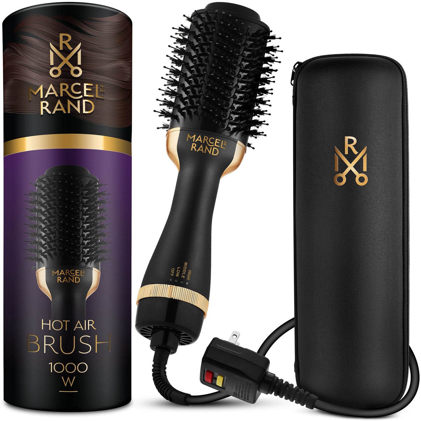 Professional 2 in 1 Volumizing Oval Hair Brush Dryer for Women, 75MM with Hard Travel Case and Premium Gift Box, Black & Gold