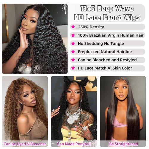 24 Inch Deep Wave Lace Front Wigs Human Hair 250 Density 13x6 HD Lace Frontal Wigs Human Hair Pre Plucked Deep Curly Glueless Human Hair Wigs for Women