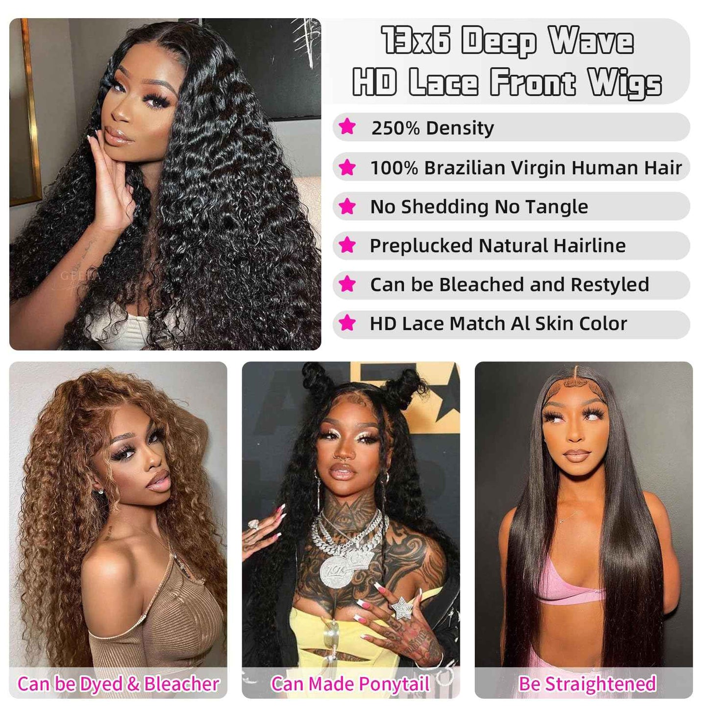 26 Inch Deep Wave Lace Front Wigs Human Hair 250 Density 13x6 HD Lace Frontal Wigs Human Hair Pre Plucked Deep Curly Glueless Wigs for Women