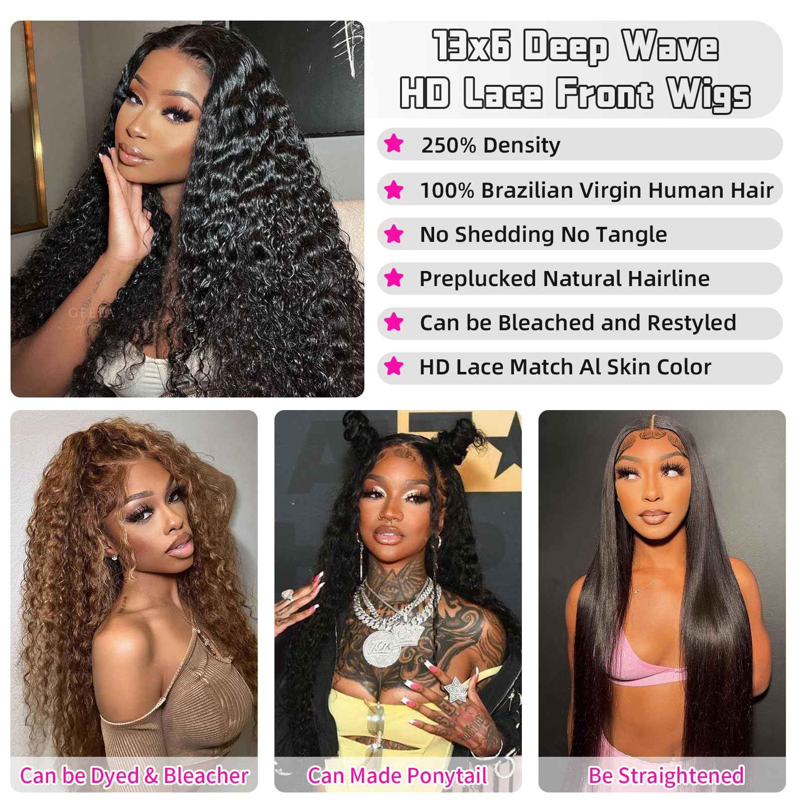 26 Inch Deep Wave Lace Front Wigs Human Hair 250 Density 13x6 HD Lace Frontal Wigs Human Hair Pre Plucked Deep Curly Glueless Wigs for Women