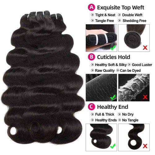 Lemoda Body Wave Virgin Human Hair Bundles 14 16 18 Inch Body Wave 100% Unprocessed Raw Human Hair Extensions Double Weft No Shedding No tangle Hair Weave 3 Bundles Natural Black