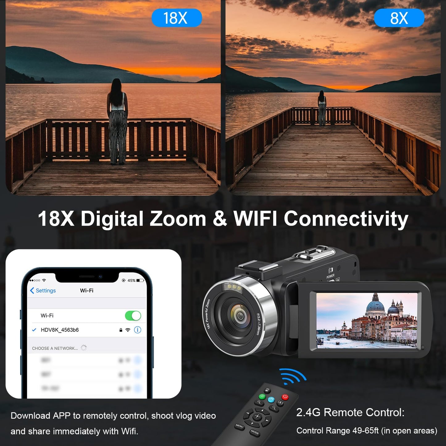 8K Video Camera Camcorder 64MP YouTube Vlogging Cameras IR Night Vision WiFi Webcam Camcorders with 18X Digital Zoom 3.0”Touch Screen Stabilizer, Mic, 64G SD Card, Remote Control and 2 Batteries