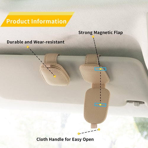 Yuoyar Sunglass Holder for Car, Magnetic Leather Sunglasses Holder and Ticket Card Clip, Car Visor Accessories, 2 Packs (Beige)