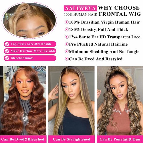 Aaliweya Highlight Lace Front Wigs Human Hair 4/27 Ombre 13x4 Body Wave Lace Frontal Wig for Women 180% Density Glueless Honey Blonde Wig Full and Thick Super Soft 18 inch