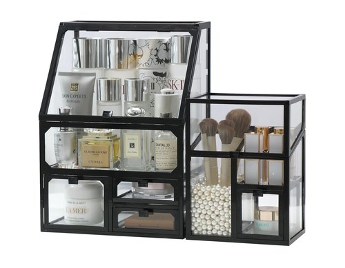 MOOCHI Black 3 Pieces Makeup Organizers for Vantity, glass, Skin Care Organizer, Drawers,Brush Organizer,Countertop Cosmetics Storage Display Case