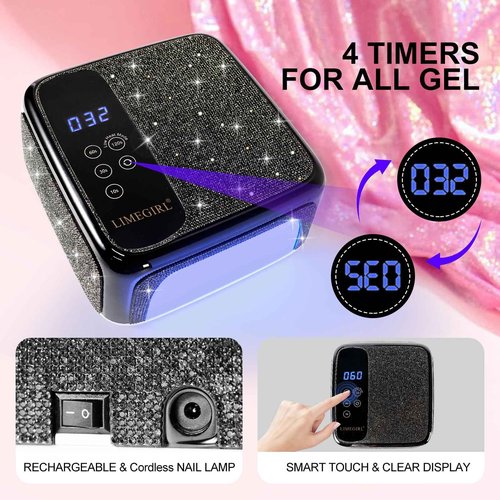 Sparkling Diamond UV Nail Lamp - Cordless, Professional Gel Nail Polish Curing Lamp with 4 Timers & LCD Touch Display, Salon-Grade Diamond UV Nail Dryer