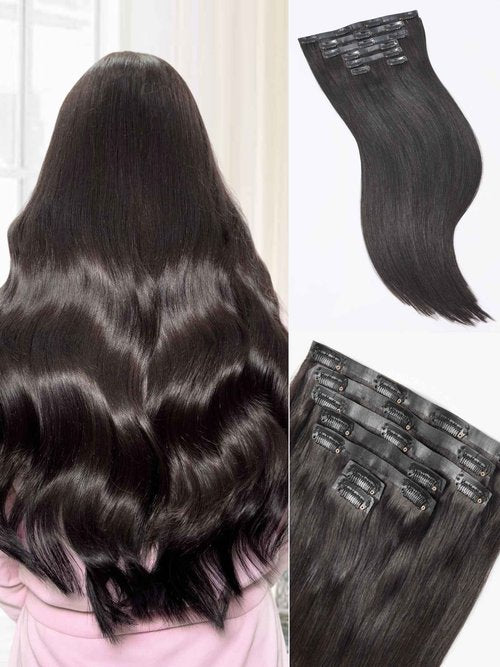 LUVME Straight Seamless 110g 7Pcs Clip in Hair Extensions Full Max with 14inch Remy Human Hair Extensions, Natural Black 100% Real Soft Human Hair