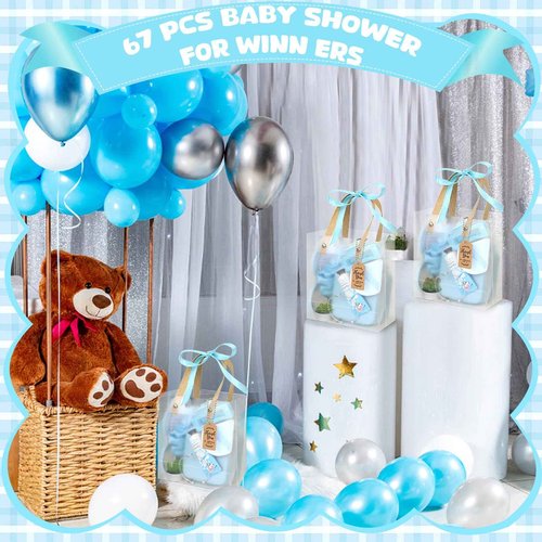 Acmee Baby Shower Prizes for Winners Gifts Headband Hair Brush Jewelry Box Plants Candles Bracelet Hand Cream Compact Powder Puff Hair Claw ribbon Gift Bag Beaded Necklace Bridal Shower(6 Sets-Blue)