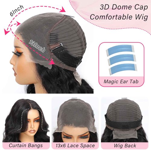 Doiwile 13x6 HD Lace Curtain Bangs Wig Human Hair 200% Density PartingMax Lace Wigs Bouncy Loose Wave Lace Front Wigs Human Hair Pre Cut Plucked Lace Frontal Glueless (Black Color, 16”)