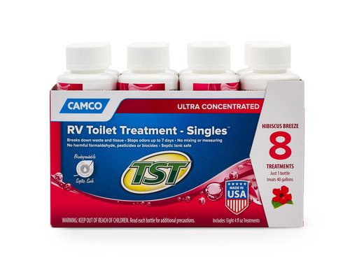 Camco TST MAX RV Toilet Treatment - Formaldehyde Free - Breaks Down Waste And Tissue - Septic Tank Safe - Treats up to 8-40 Gallon Holding Tanks -Hibiscus Breeze Scent, (8) 4 oz Bottles (41601)