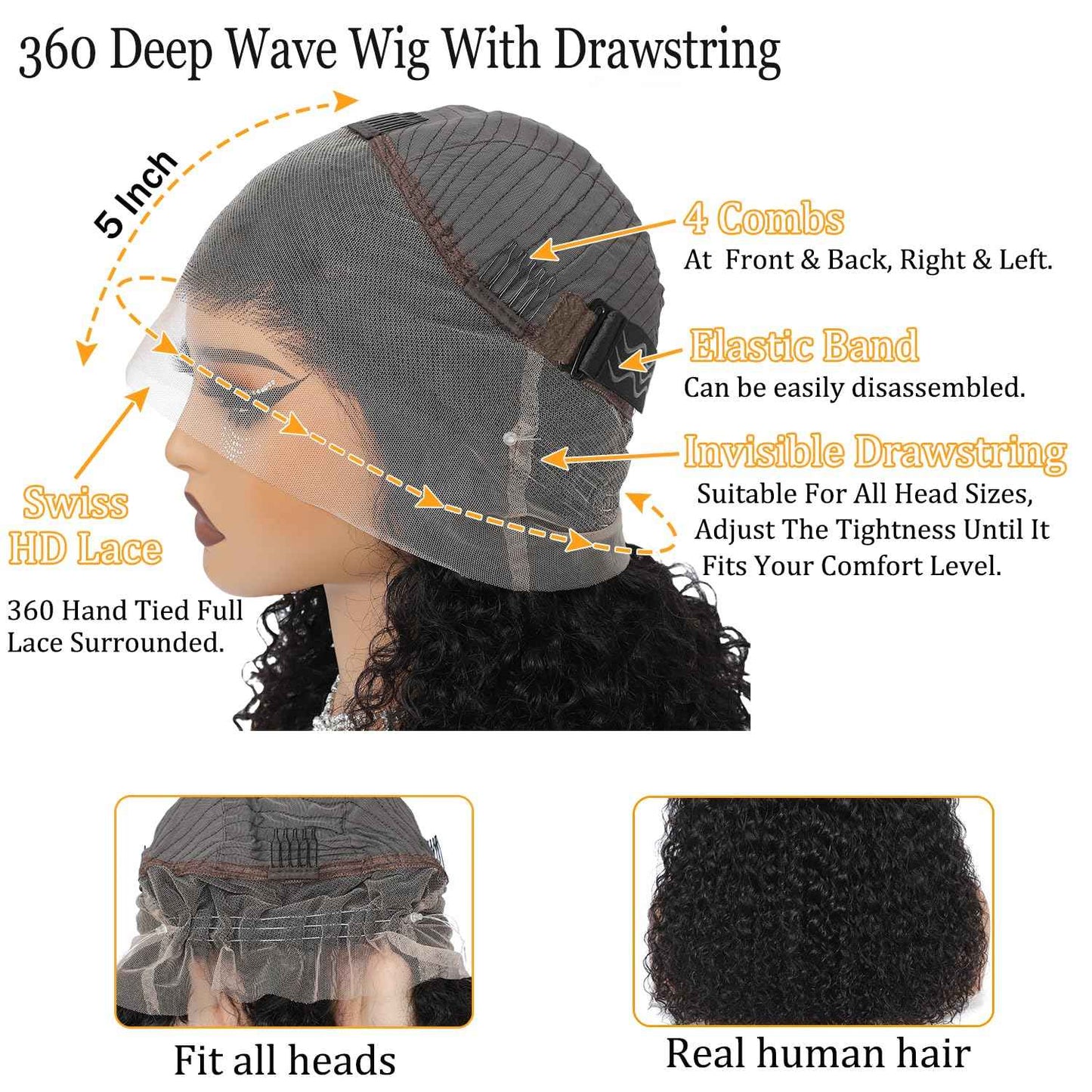 360 Lace Front Wigs Human Hair Pre Plucked With Drawstring 360 Deep Wave Glueless Full Lace Human Hair Wigs Wet And Wavy Invisible Strap Full Lace Wigs For Black Women（Black, 18 Inch）