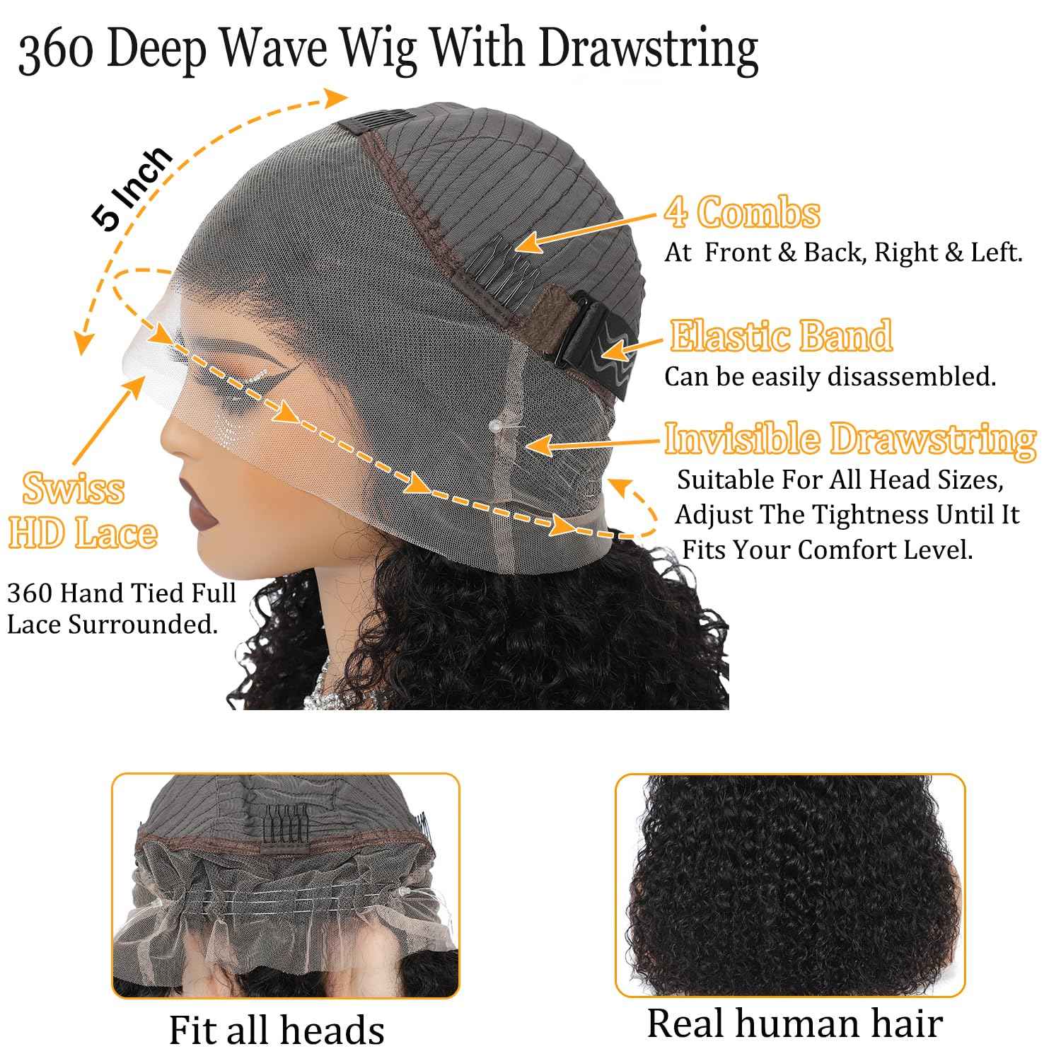 360 Lace Front Wigs Human Hair Pre Plucked With Drawstring 360 Deep Wave Glueless Full Lace Human Hair Wigs Wet And Wavy Invisible Strap Full Lace Wigs For Black Women（Black, 18 Inch）