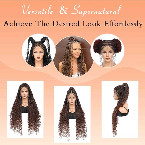 Brinbea 13x8'' HD Lace Front Braided Wigs for Women Knotless Boho Braided Wigs with Baby Hair Brown Box Braid Wig Long Human Hair Blended Braid Lace Front Wigs 36 Inch