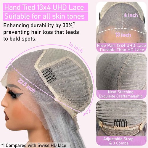 Mscathy Halloween Wigs 200% Grey Human Hair Wigs Body Wave 13×4 UHD Transparent Pre Plucked Pre Cut Gray Lace Front Wig Virgin Human Hair Glueless Lace Front Wigs for Women (18 Inch, Grey body wave)