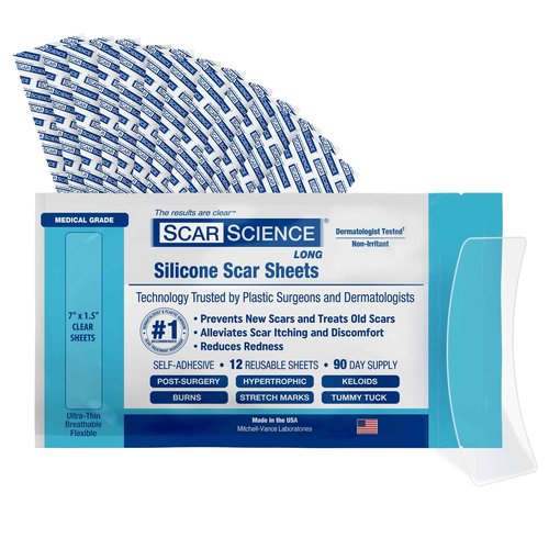 Medical Grade Silicone Scar Sheets - Long Water-Resistant Silicone Scar Tape - Advanced Solution for Surgical Scars, Stretch Marks, and Keloids - 7-Inch Strips, 12-Pack
