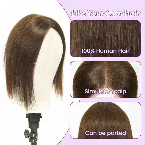 ROSELOVER Hair Topper for Women,12 Inch Real Human Hair Clip-In,4.5x5 Inch Mono Base with Non-Slip Clips,Light Brown(4#)