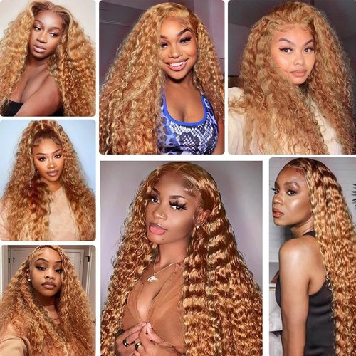 Fabimiya Human Hair Bundles 16 18 20 Inch Light Brown P27/30 Deep Wave Bundles Human Hair 100% Unprocessed Soft Sewn In Hair with Double Weft for Black Women