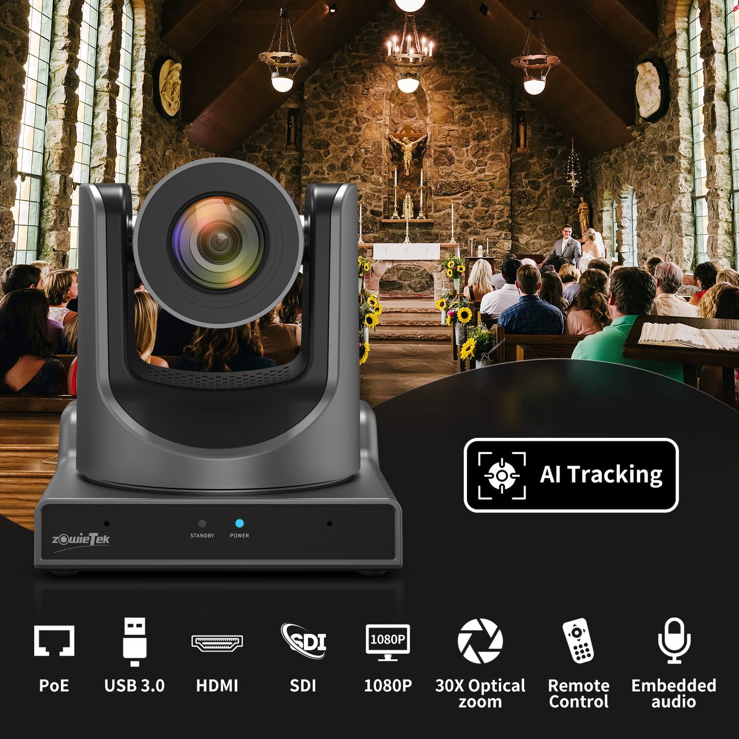 zowietek AI Tracking PTZ Camera 30X SDI HDMI USB Live Streaming PTZ Network Controller 5 Inch LCD Csreen H.264 H.265