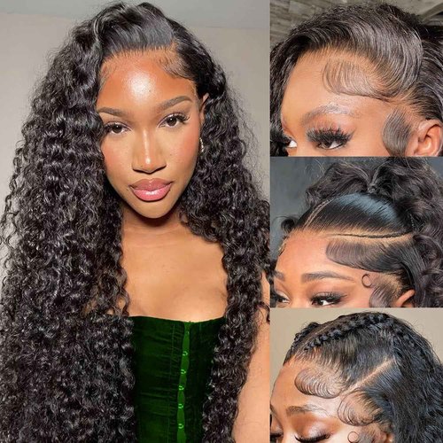 GCTDC 22 Inch Deep Wave Lace Front Wigs Human Hair Curly Wig Human Hair Pre Plucked 13x6 HD Real Human Hair Wig Natural Black for Women Invisilbe Hairline Tiny Knots 200 Density Longer Life