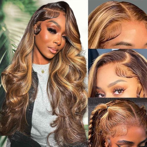 SKYDO Highlight Lace Front Wig Human Hair 4/27 Ombre Honey Blonde Lace Front Wig Pre Plucked 13x4 HD Lace Front Wigs Human Hair 180 Density Body Wave Frontal Wigs for Women 24inch