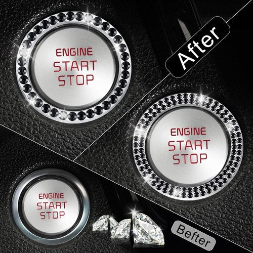 LivTee 2 PCS Crystal Combinatorial Rhinestone Car Engine Start Decoration Ring, Push to Start Button Cover Sticker, Bling Car Interior Accessories for Women, Automotive Decals, Black