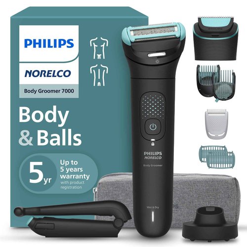 Philips Norelco Body Groomer 7000 Series, Waterproof Men's Full Body Groomer with Travel Case, Triple Protect Shave System & Body Hair Trimmer with Contour-Following 2D Flexing Head, BG7490/50