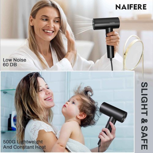 NAIFERE 1300W Hair Dryer - High-Speed Negative Ionic Blow Dryer with 2 Magnetic Nozzles, Low Noise Thermo-Control Hair Dryer for Home Travel, Dark Grey