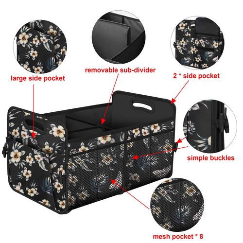 Femuar Car Trunk Organizer,Car Storage Organizer with 72L Large Capacity Waterproof Collapsible and 11 Pockets,Trunk Organizer for Car Suv/Jeep/Sedan, Large Size, Hibiscus flowers