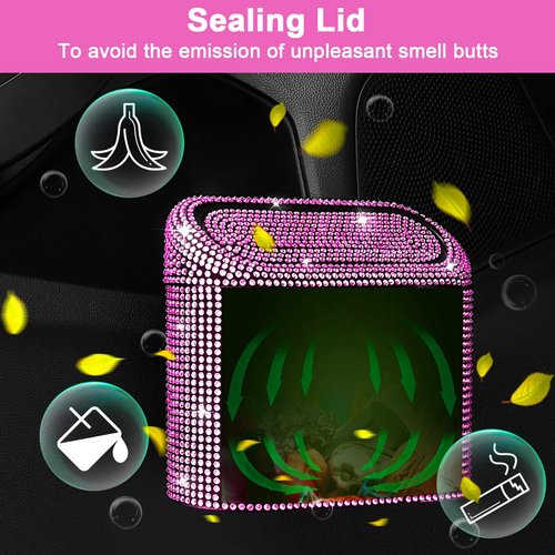Accmor Bling Car Trash Can with Lid, Vehicle Trash Bin Car Dustbin Garbage Organizer Storage, Sparkling Crystal Mini Auto Trash Bags Holder Container with 30pcs Garbage Bags for Cars, SUV, Truck