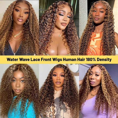 ADESORAES 26 Inch Honey Blonde Wigs Human Hair 180% Density 4/27 Highlight Ombre Lace Front Wigs 100% Human Hair Water Wave Lace Frontal Wigs Pre Plucked Wet and Wavy Curly Human Hair Wig
